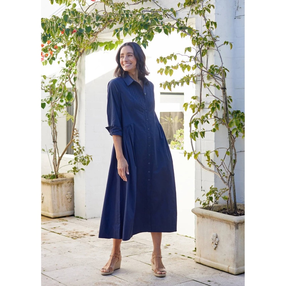 MAYE Navy Blue Pintuck Button Down Empire Waist Midi Shirt Dress Small